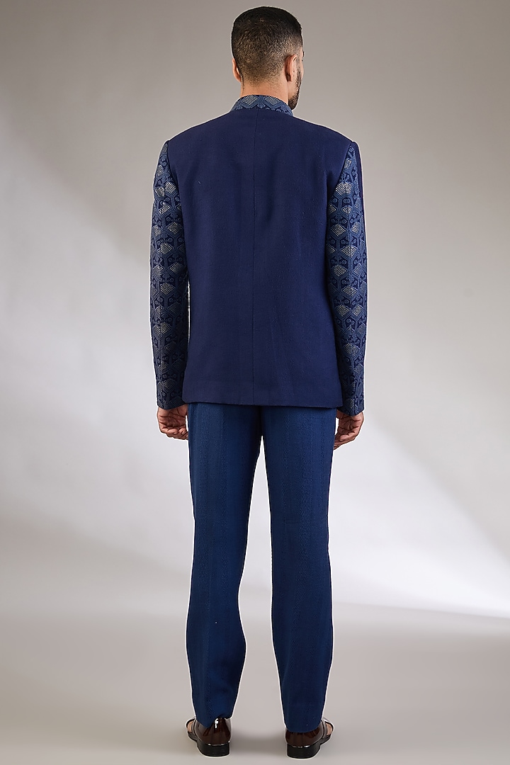 Blue Cotton Textured Mirror Embroidered Wedding Bandhgala Set by Kudrat Couture at Pernia's Pop Up Shop
