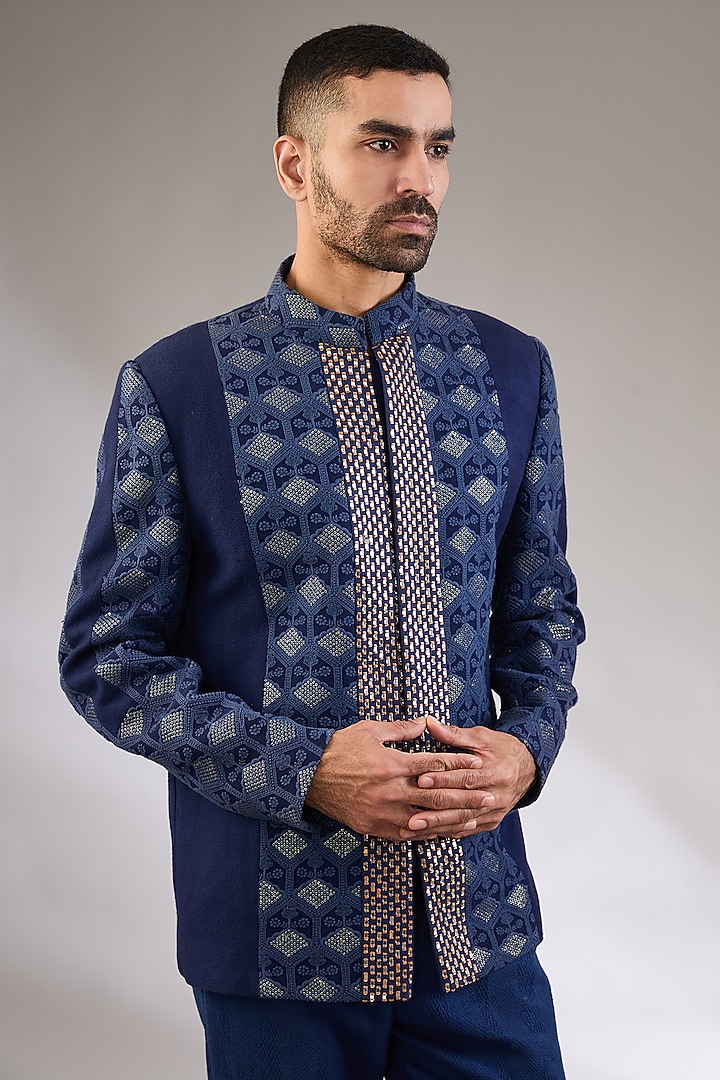 Blue Cotton Textured Mirror Embroidered Wedding Bandhgala Set by Kudrat Couture at Pernia's Pop Up Shop
