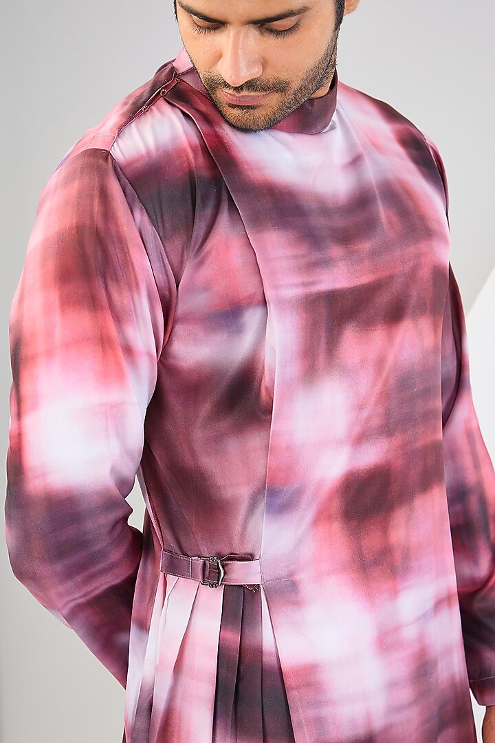 Pink Georgette Lycra Marble Printed Angrakha Kurta Set by Kudrat Couture at Pernia's Pop Up Shop