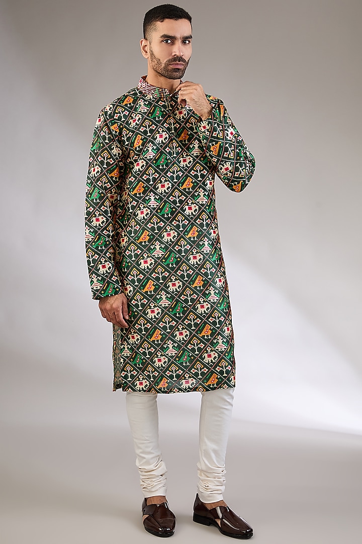 Multi-Colored Silk Digital Printed & Resham Embroidered Kurta by Kudrat Couture