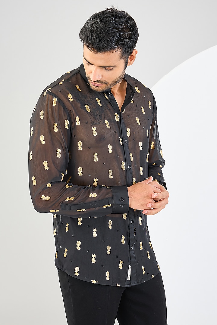 Black Sheer Georgette Printed & Embroidered Wedding Shirt by Kudrat Couture at Pernia's Pop Up Shop