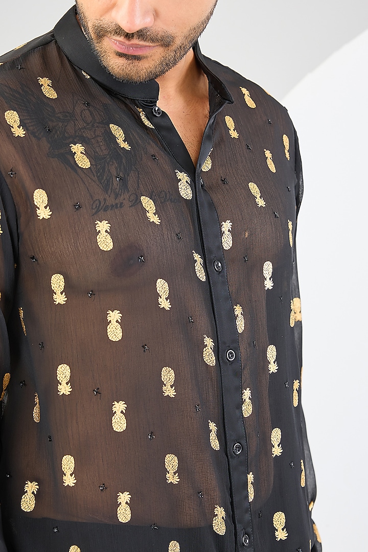 Black Sheer Georgette Printed & Embroidered Wedding Shirt by Kudrat Couture at Pernia's Pop Up Shop