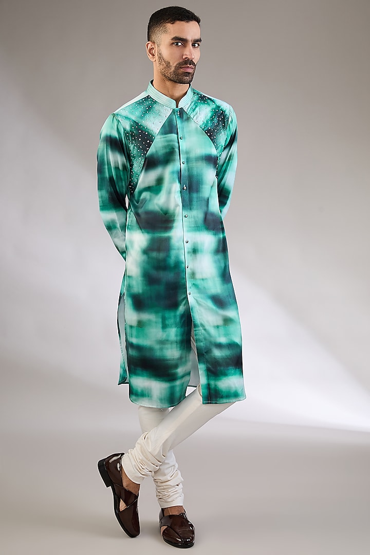 Blue Imported Fabric Marble Printed & Embellished Kurta Set by Kudrat Couture at Pernia's Pop Up Shop