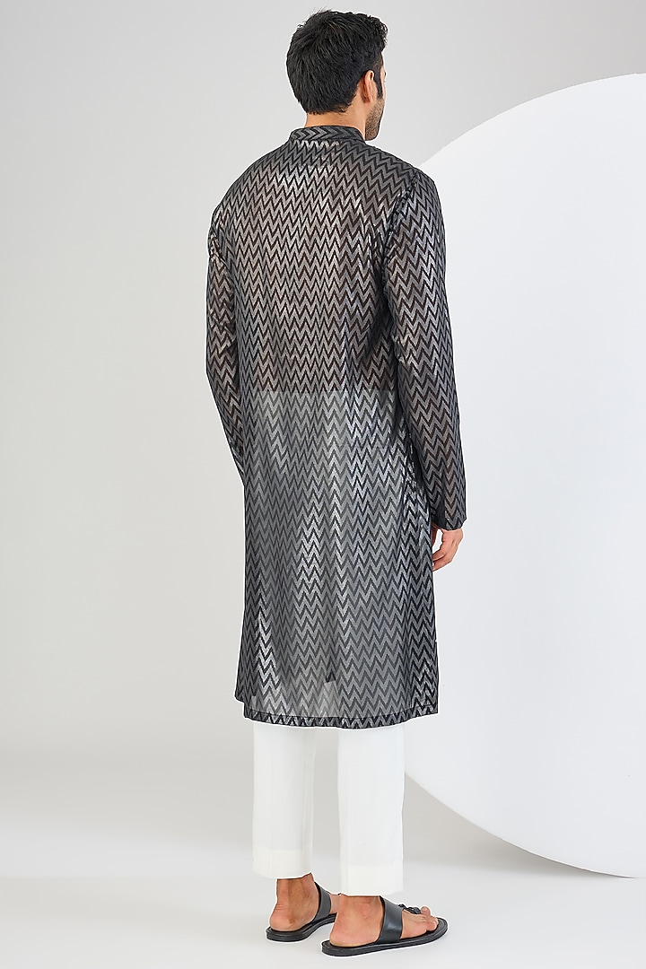 Black Chevron Georgette Applique Embroidered Kurta by Kudrat Couture at Pernia's Pop Up Shop