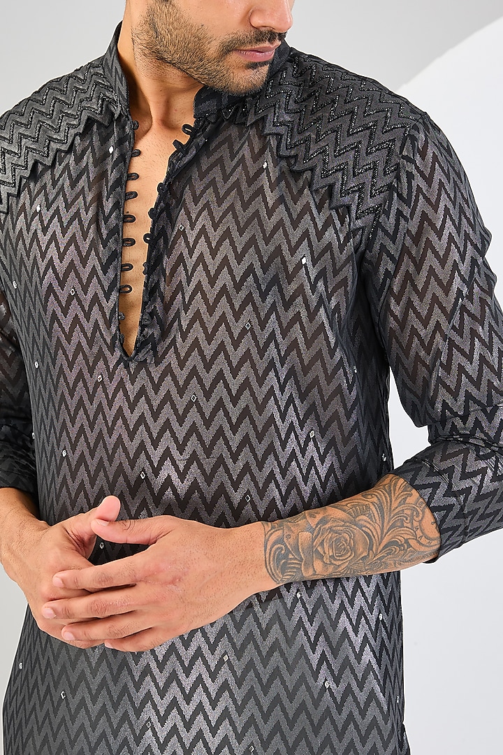 Black Chevron Georgette Applique Embroidered Kurta by Kudrat Couture at Pernia's Pop Up Shop