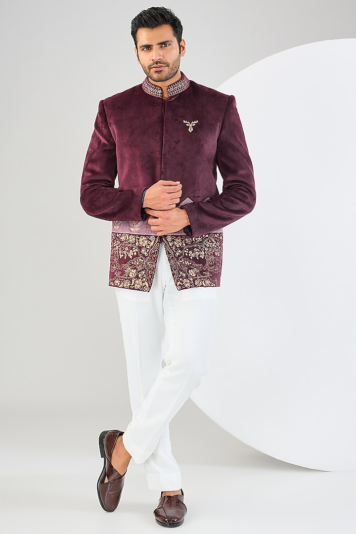 Wine Micro Suede Velvet Resham & Cutdana Embroidered Bandhgala Set by Kudrat Couture