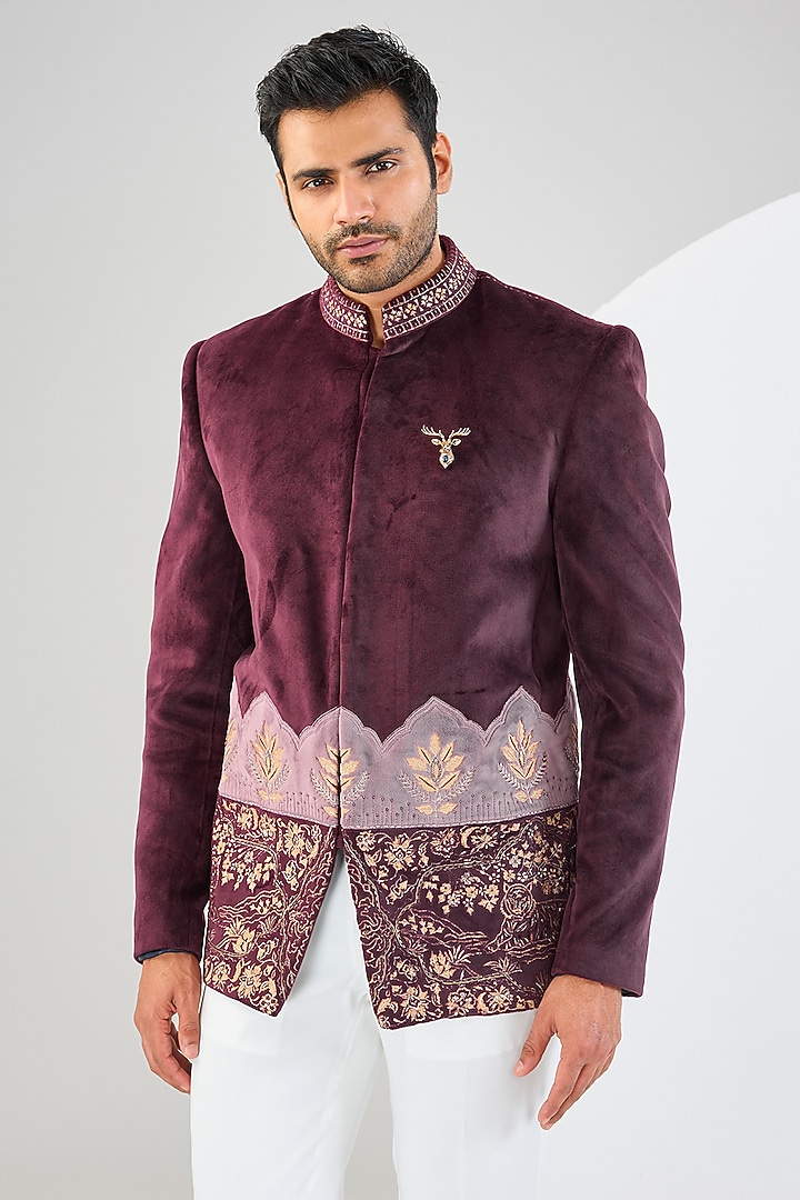 Wine Micro Suede Velvet Resham & Cutdana Embroidered Wedding Bandhgala Set by Kudrat Couture at Pernia's Pop Up Shop