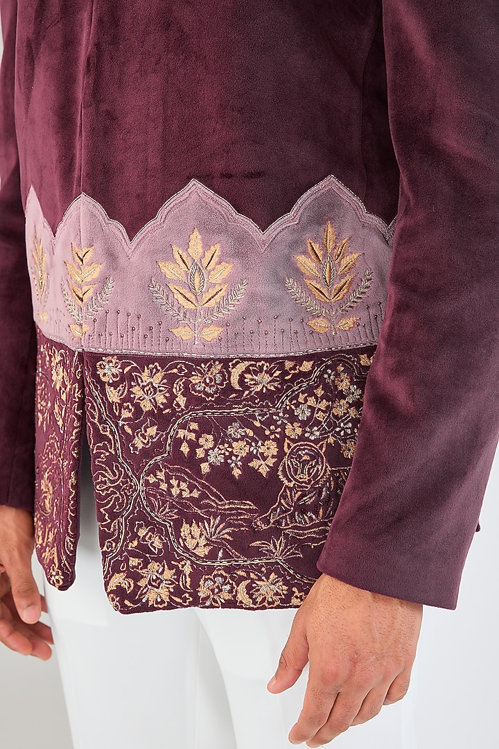 Wine Micro Suede Velvet Resham & Cutdana Embroidered Wedding Bandhgala Set by Kudrat Couture at Pernia's Pop Up Shop