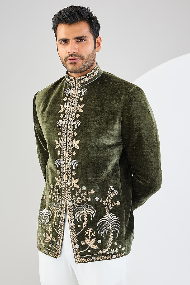 Green Micro Suede Velvet Resham & Cutdana Embroidered Wedding Bandhgala Set by Kudrat Couture at Pernia's Pop Up Shop