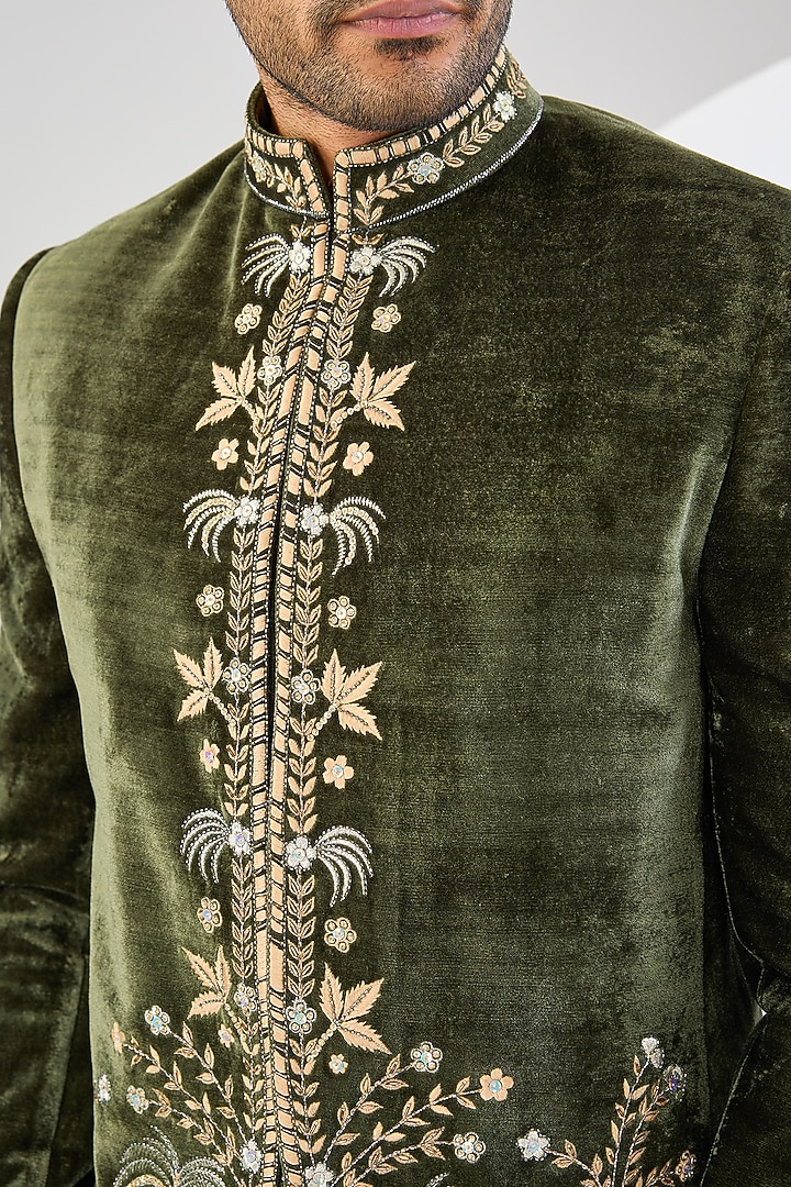 Green Micro Suede Velvet Resham & Cutdana Embroidered Wedding Bandhgala Set by Kudrat Couture at Pernia's Pop Up Shop