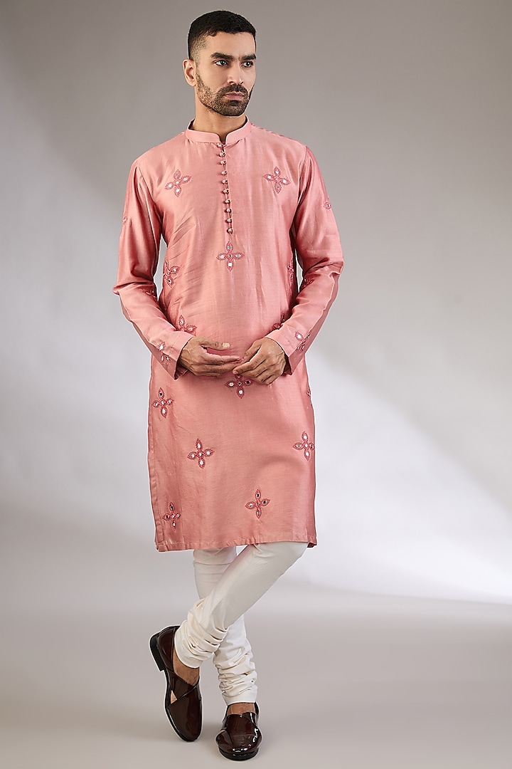 Pink Chanderi Silk Mirror & Resham Embroidered Kurta Set by Kudrat Couture