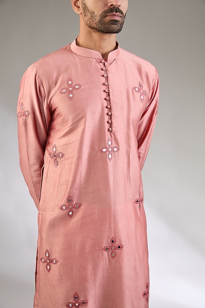 Pink Chanderi Silk Mirror & Resham Embroidered Kurta Set by Kudrat Couture at Pernia's Pop Up Shop