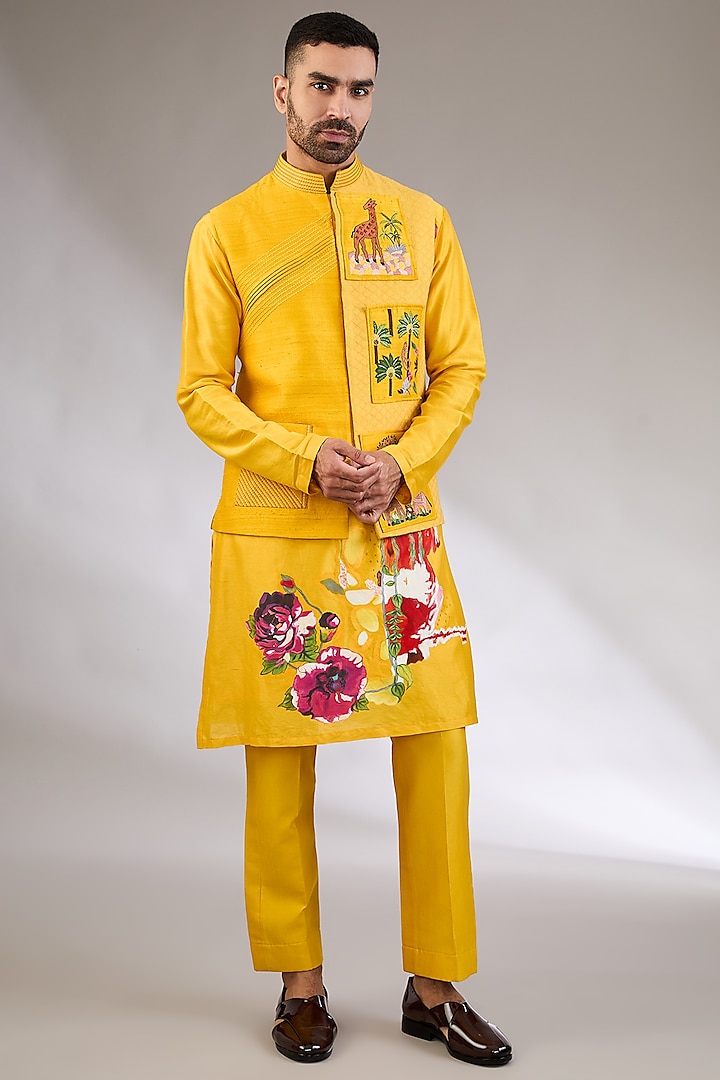 Mango Yellow Chanderi Silk Embroidered Nehru Jacket Set by Kudrat Couture