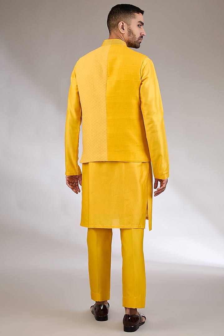 Mango Yellow Chanderi Silk Embroidered Nehru Jacket Set by Kudrat Couture at Pernia's Pop Up Shop