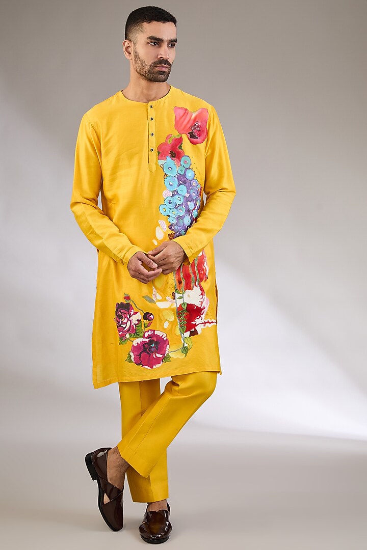 Mango Yellow Chanderi Silk Embroidered Nehru Jacket Set by Kudrat Couture at Pernia's Pop Up Shop