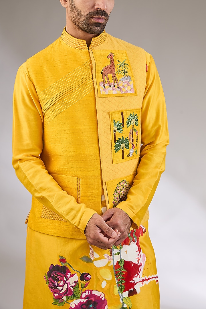 Mango Yellow Chanderi Silk Embroidered Nehru Jacket Set by Kudrat Couture at Pernia's Pop Up Shop