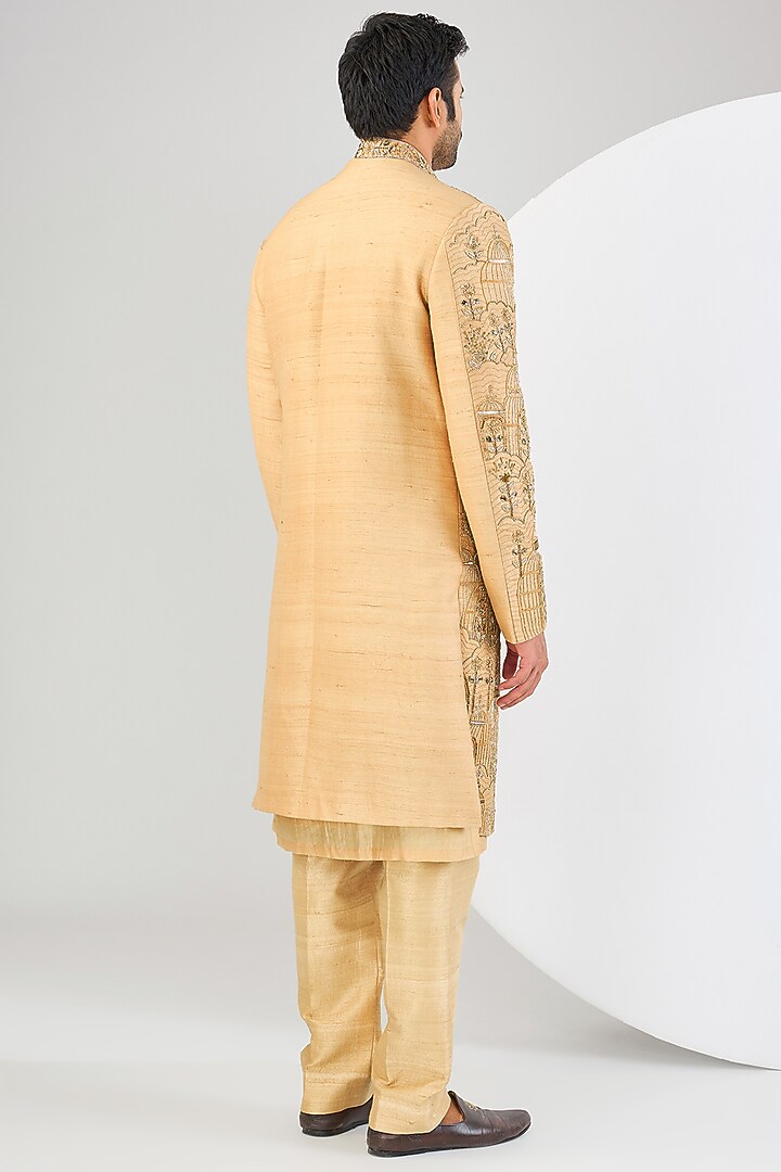 Gold Raw Silk Hand Embroidered Wedding Sherwani Set by Kudrat Couture at Pernia's Pop Up Shop