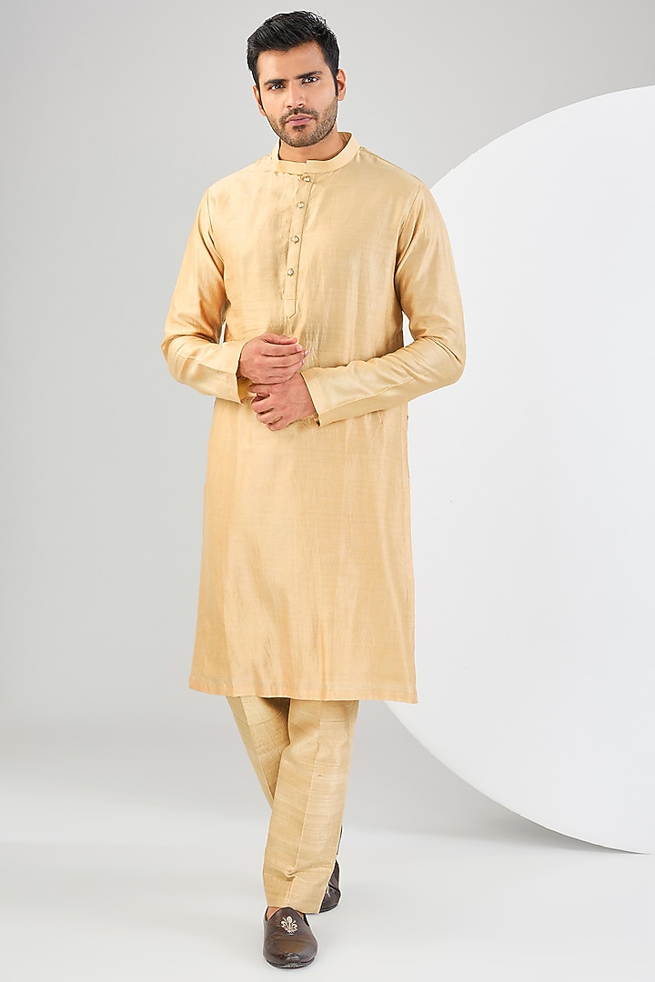 Gold Raw Silk Hand Embroidered Wedding Sherwani Set by Kudrat Couture at Pernia's Pop Up Shop