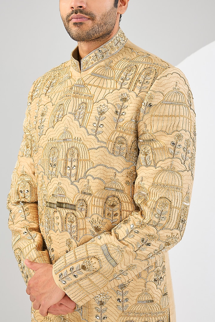 Gold Raw Silk Hand Embroidered Wedding Sherwani Set by Kudrat Couture at Pernia's Pop Up Shop