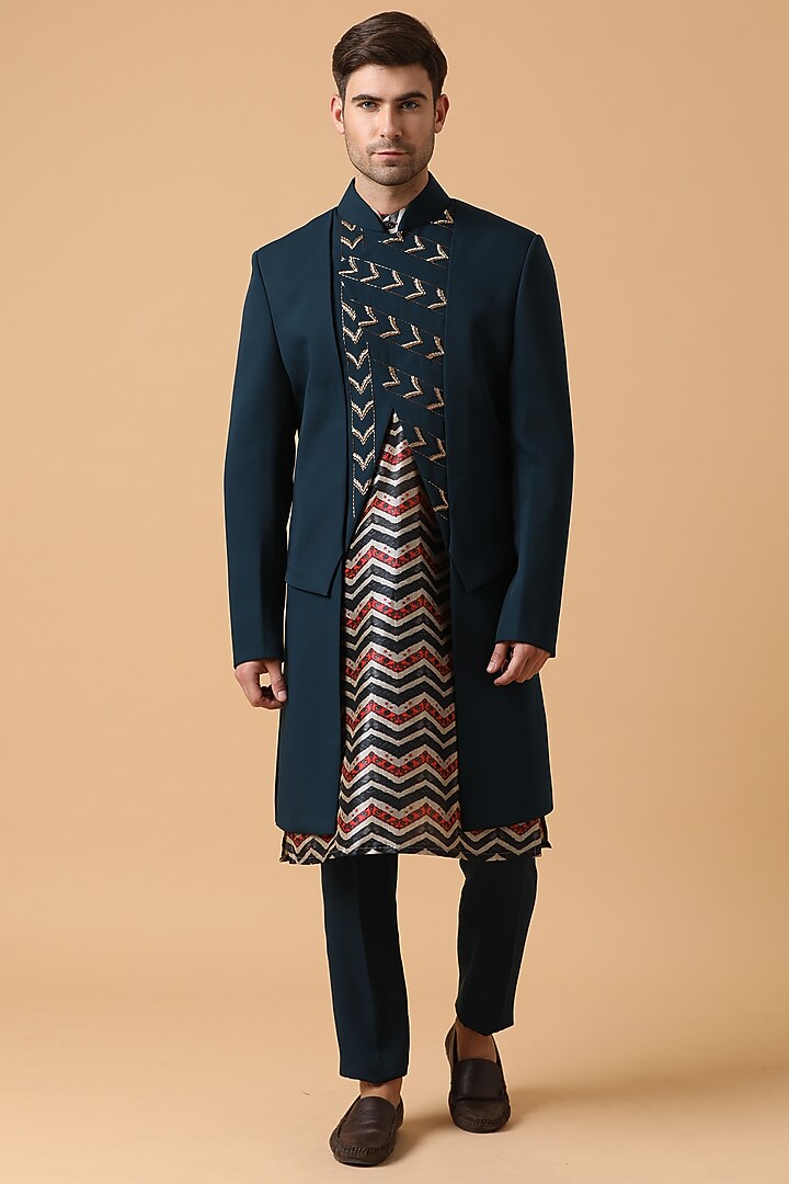 Dark Green Embroidered Wedding Bandhgala Jacket Set by Kudrat Couture at Pernia's Pop Up Shop