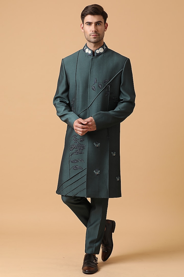 Dark Shamrock Green Bandhgala Jacket Set by Kudrat Couture