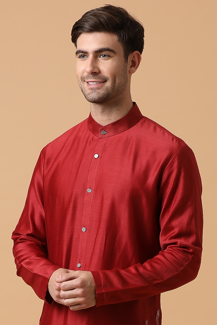 Crimson Red Chanderi Silk & Cotton Lurex Kurta by Kudrat Couture at Pernia's Pop Up Shop