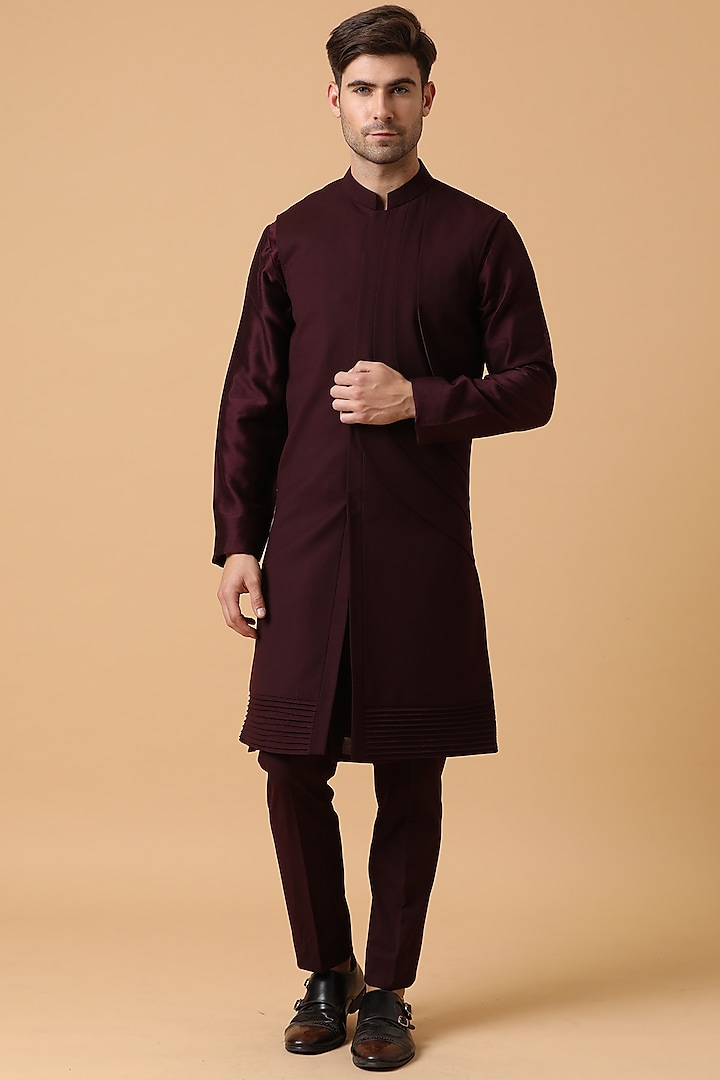 Wine Pintucked Bandhgala Jacket Set by Kudrat Couture