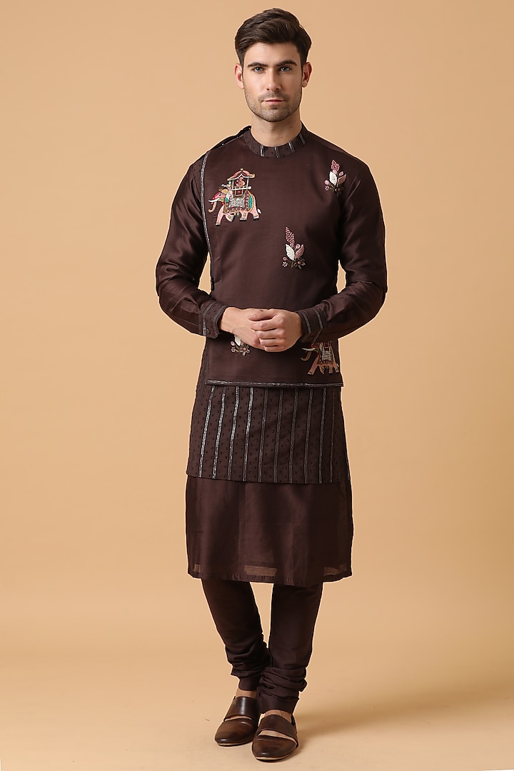 Brown Embroidered Layered Kurta Set by Kudrat Couture
