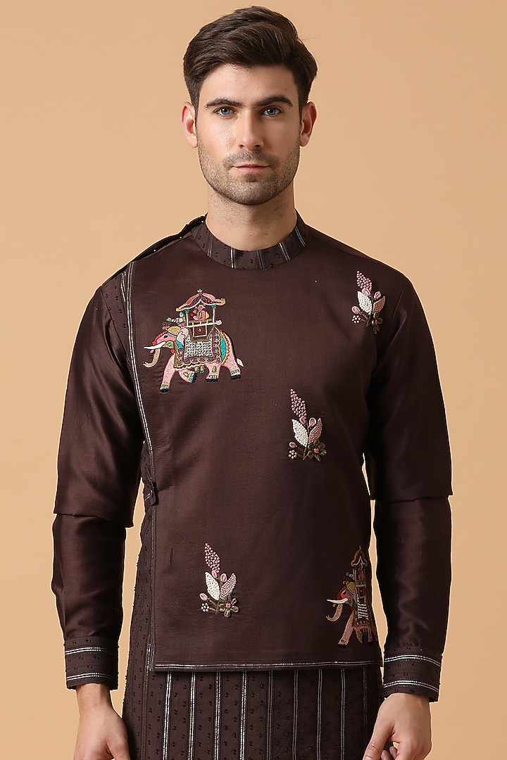 Brown Chanderi Silk Nakshi Embroidered Kurta Set by Kudrat Couture at Pernia's Pop Up Shop