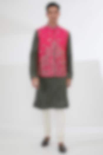 Pink Silk & Cotton Embroidered Nehru Jacket Set by Kudrat Couture