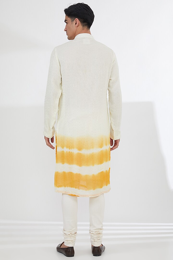 Ivory & Mustard Georgette Leheriya Tie-Dye Kurta Set by Kudrat Couture at Pernia's Pop Up Shop