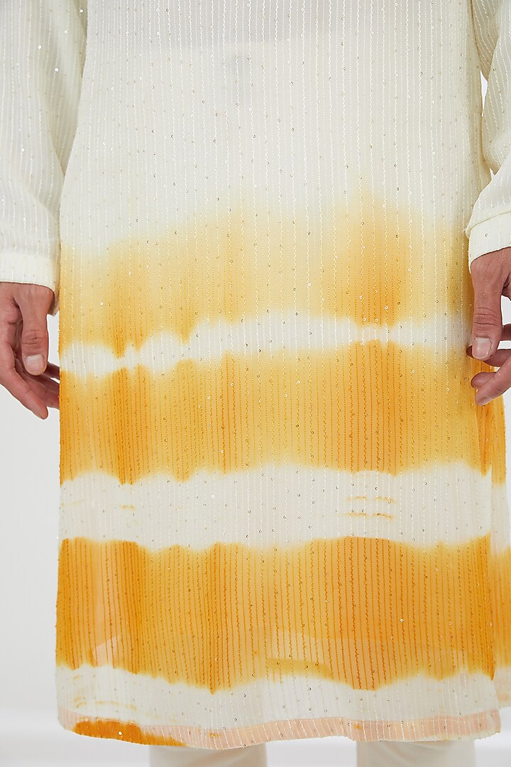 Ivory & Mustard Georgette Leheriya Tie-Dye Kurta Set by Kudrat Couture at Pernia's Pop Up Shop