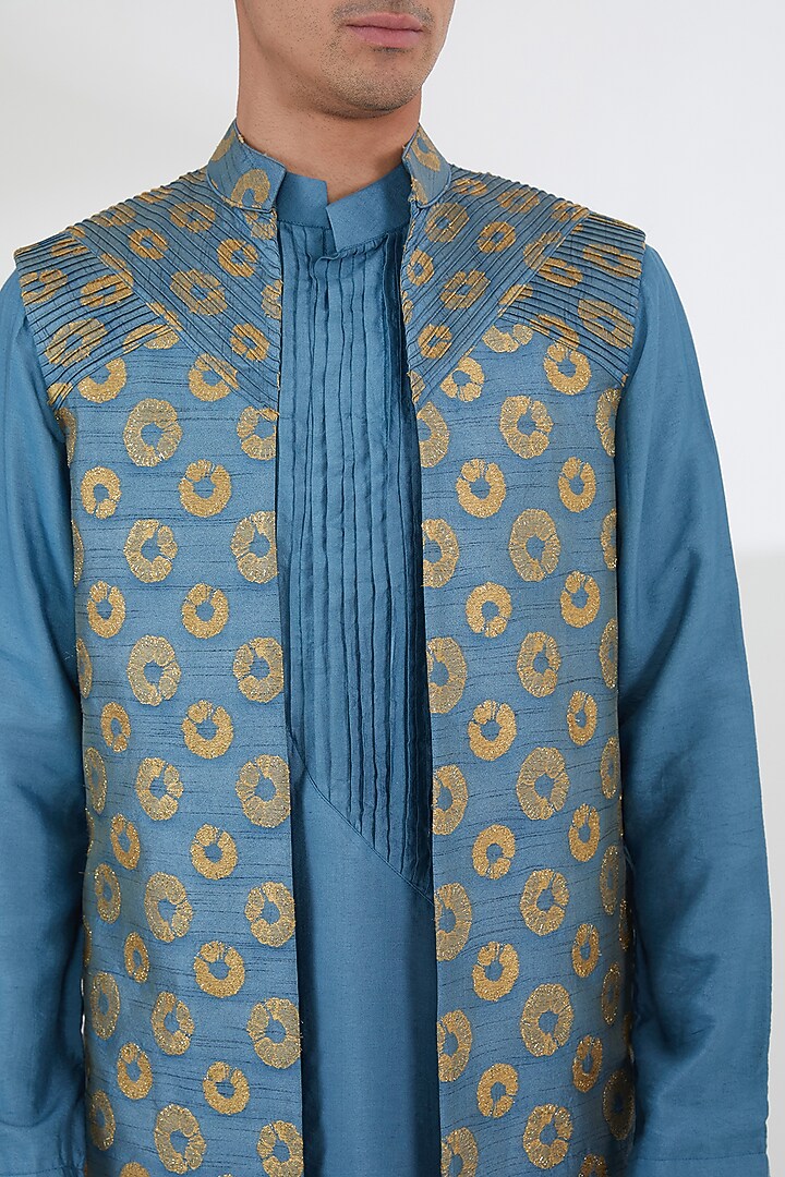 Blue Chanderi Silk Foil Printed Indo-Western Set by Kudrat Couture at Pernia's Pop Up Shop