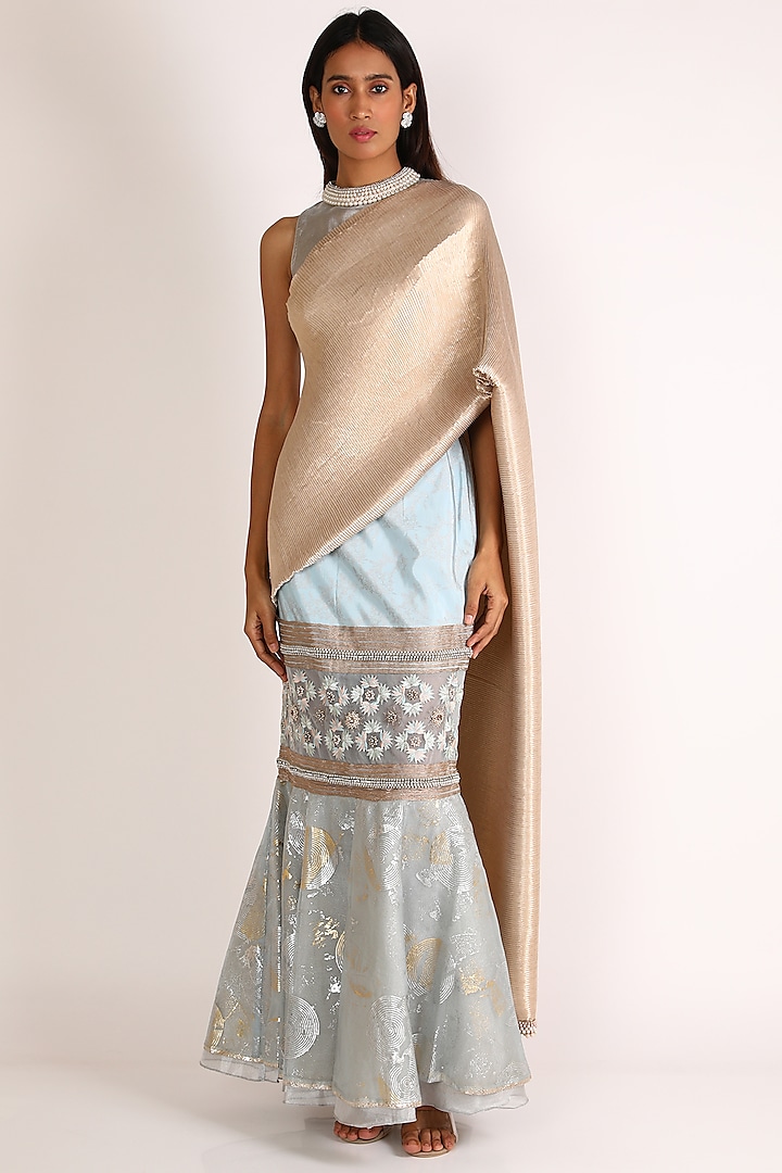 Aqua Blue & Gold Embroidered Skirt Saree Set by Kiran Uttam Ghosh