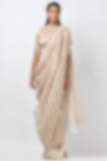 Ivory & Gold Skirt Set With Drape by Kiran Uttam Ghosh