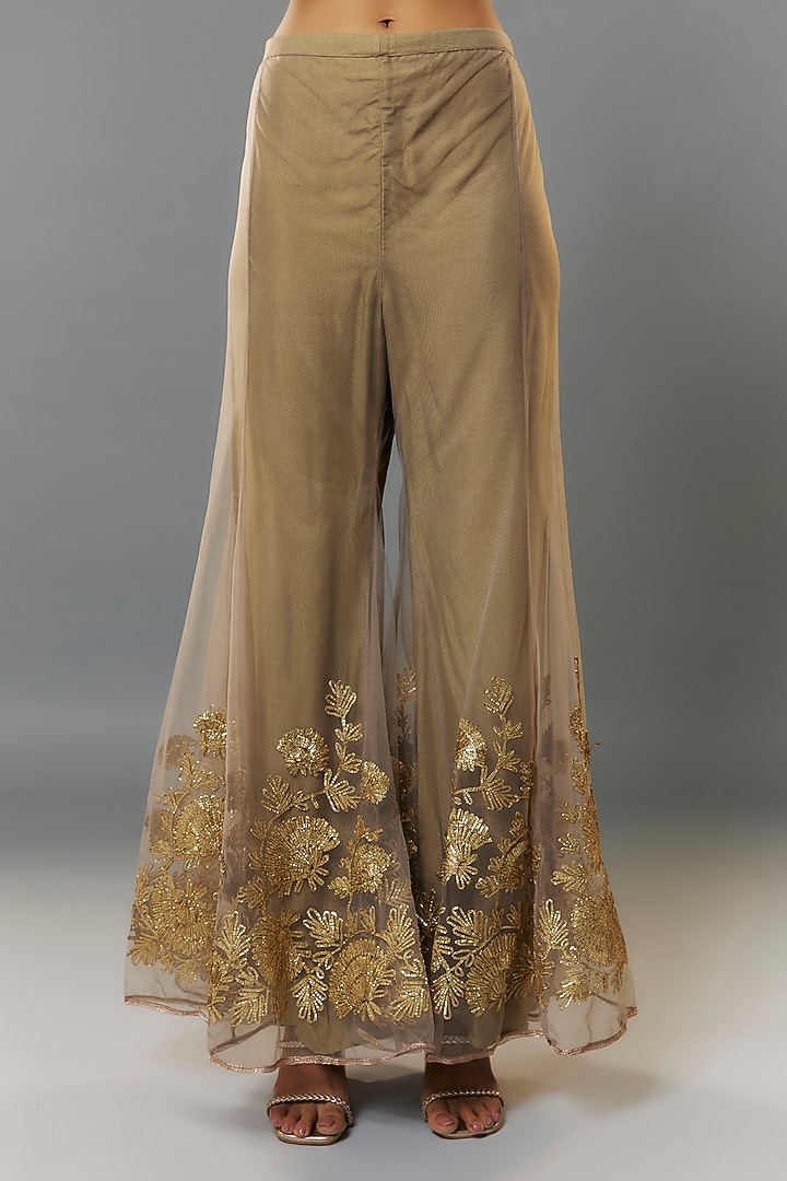 Olive Green Net Pants by Kiran Uttam Ghosh at Pernia's Pop Up Shop
