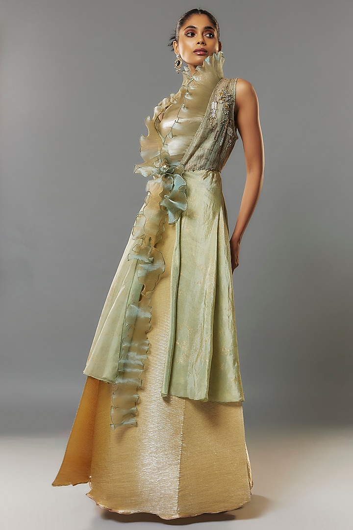 Beige Woven Jacket Set by Kiran Uttam Ghosh at Pernia's Pop Up Shop
