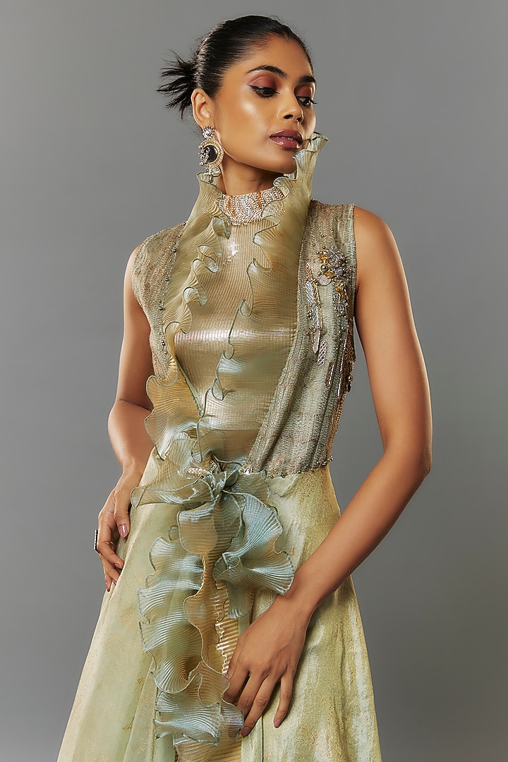 Beige Woven Jacket Set by Kiran Uttam Ghosh at Pernia's Pop Up Shop