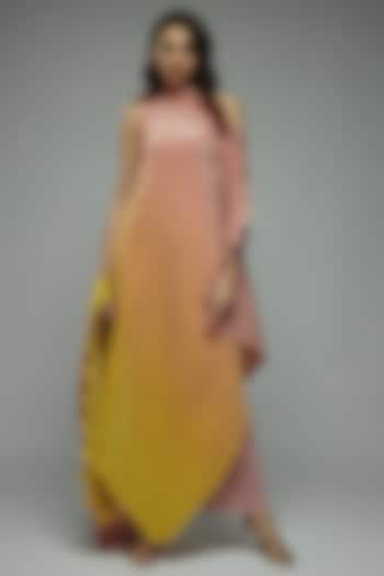 Peach & Yellow Ombre Pleated Polyester Boota Embroidered Tunic by Kiran Uttam Ghosh