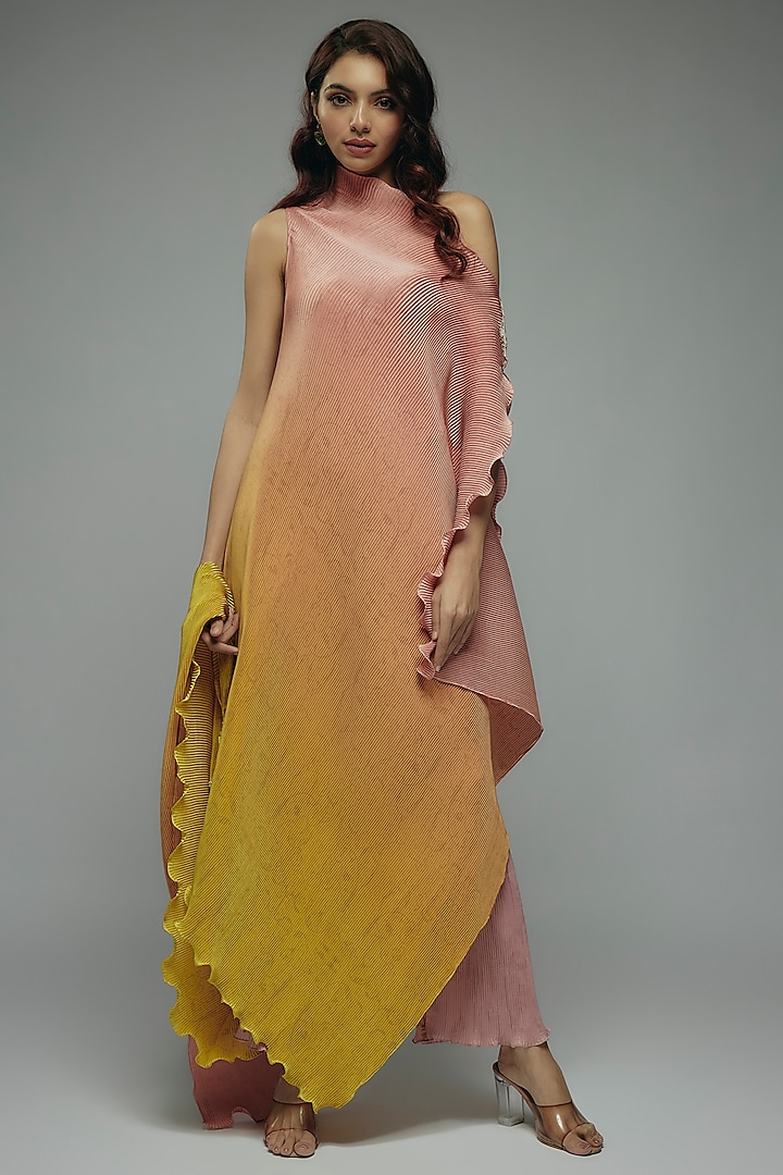 Peach & Yellow Ombre Pleated Polyester Boota Embroidered Tunic by Kiran Uttam Ghosh