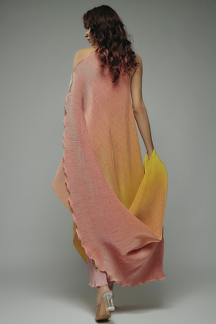 Peach & Yellow Ombre Pleated Polyester Boota Embroidered Tunic by Kiran Uttam Ghosh at Pernia's Pop Up Shop