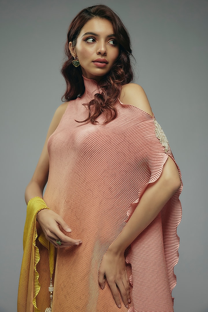 Peach & Yellow Ombre Pleated Polyester Boota Embroidered Tunic by Kiran Uttam Ghosh at Pernia's Pop Up Shop