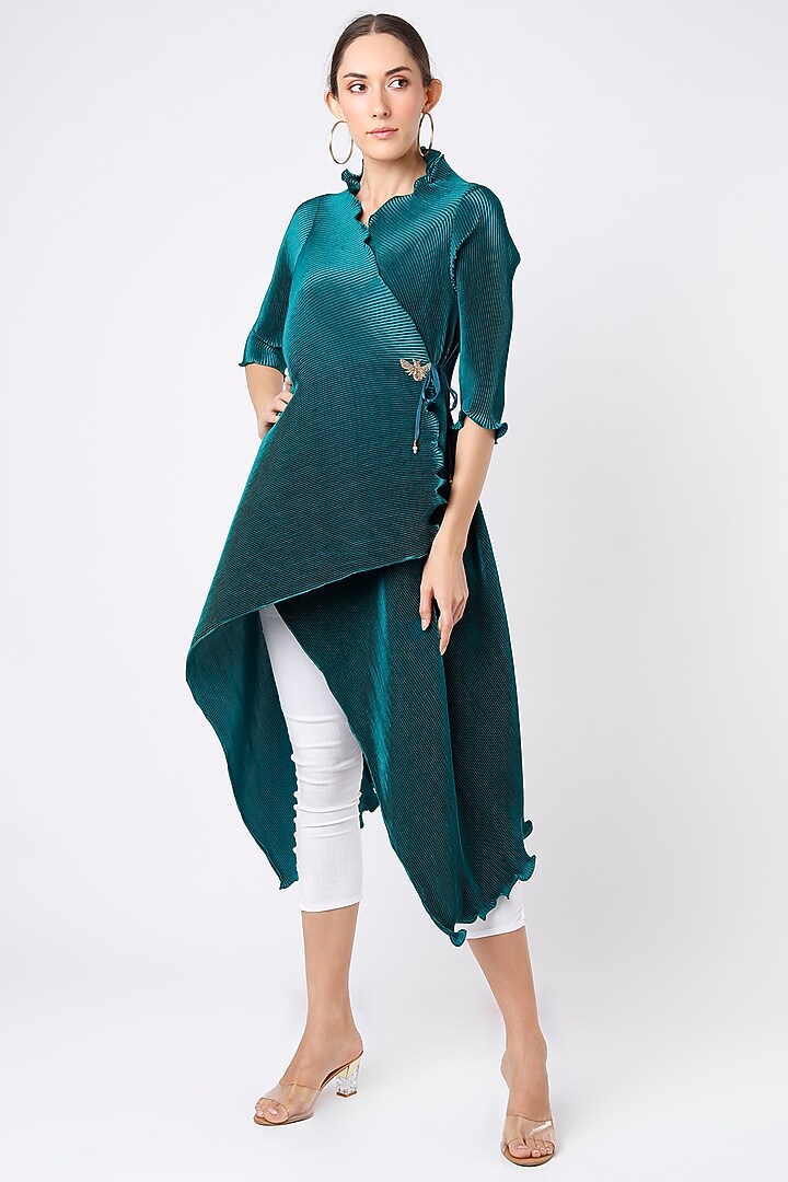 Bluish Green Zardosi Embroidered Wrapped Kurta by Kiran Uttam Ghosh at Pernia's Pop Up Shop