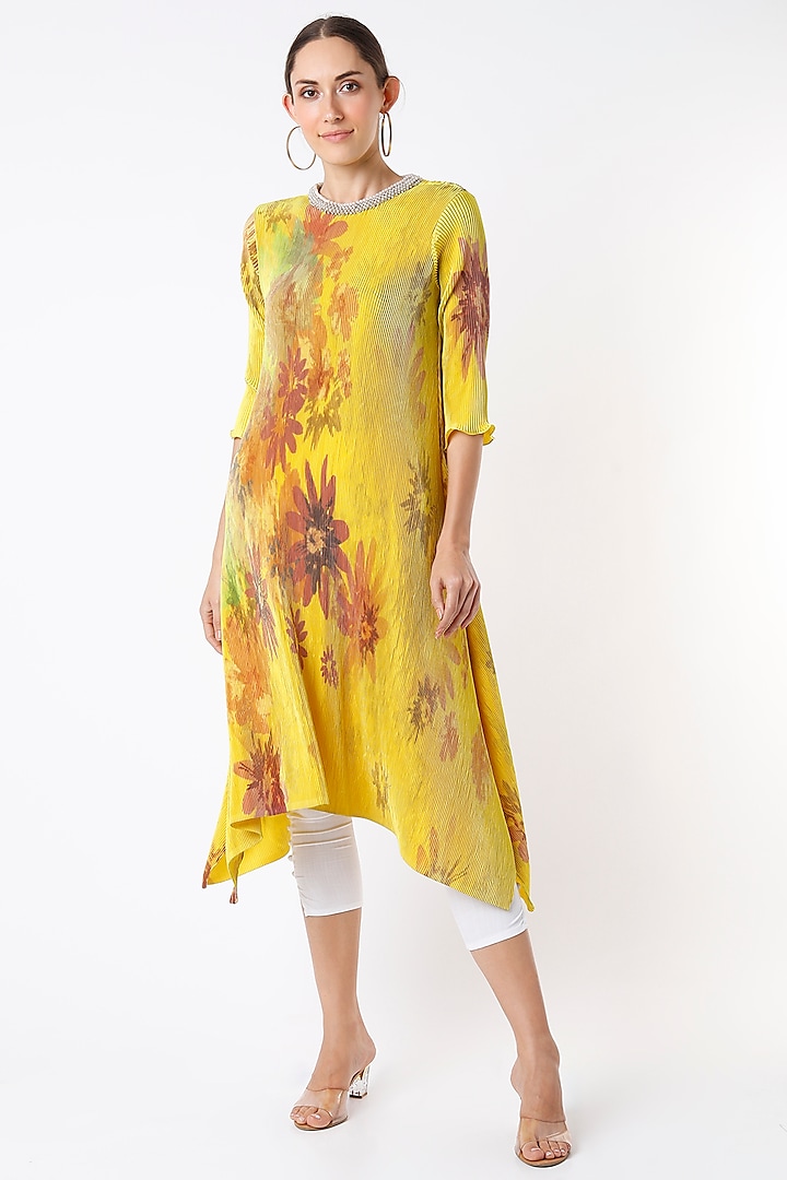 Yellow Digital Printed Kaftan by Kiran Uttam Ghosh