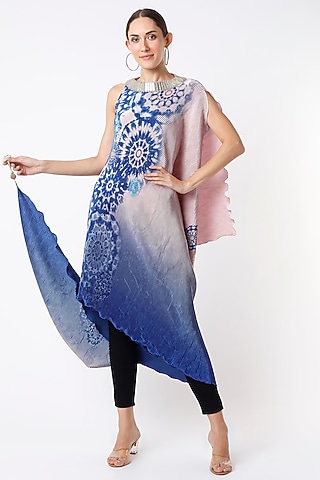 Navy Blue & Salmon Pink Pleated Polyester Digital Printed Draped Dress by Kiran Uttam Ghosh