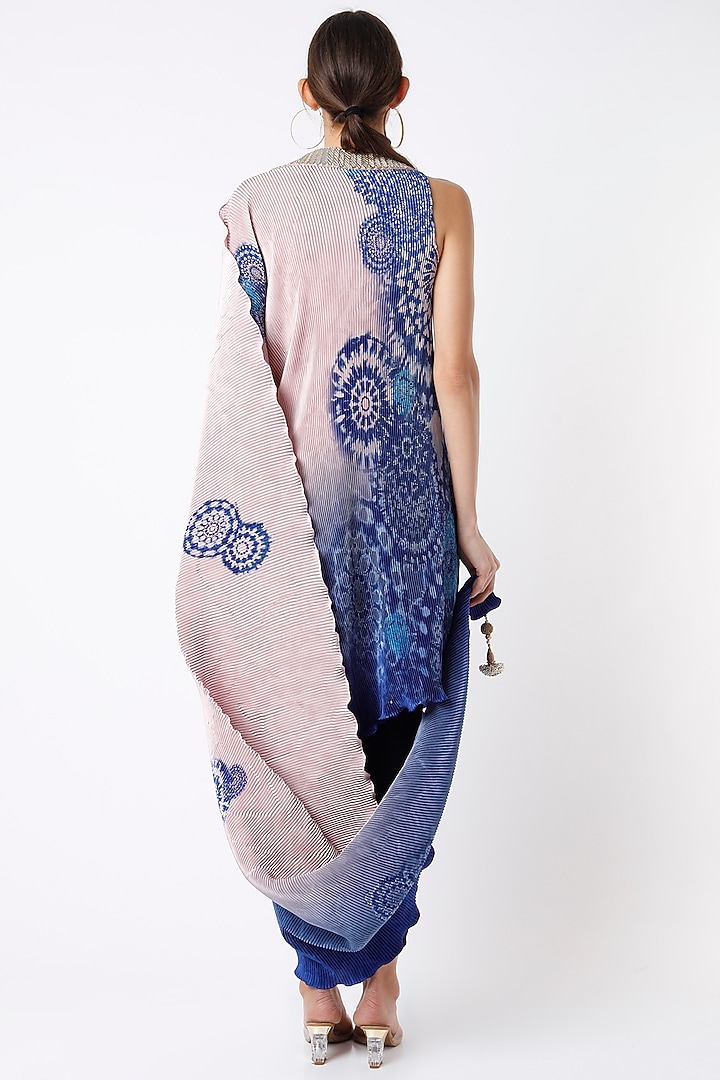 Navy Blue & Salmon Pink Pleated Polyester Digital Printed Draped Cocktail Dress by Kiran Uttam Ghosh at Pernia's Pop Up Shop
