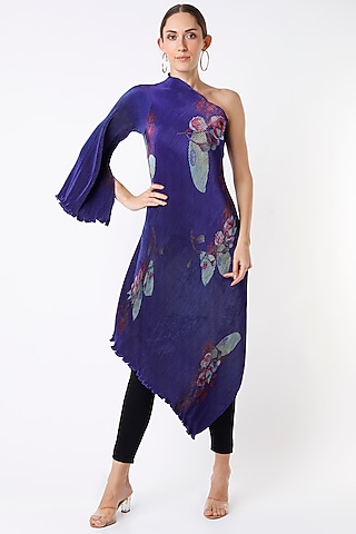 Indigo Pleated Polyester Digital Printed One-Shoulder Dress by Kiran Uttam Ghosh