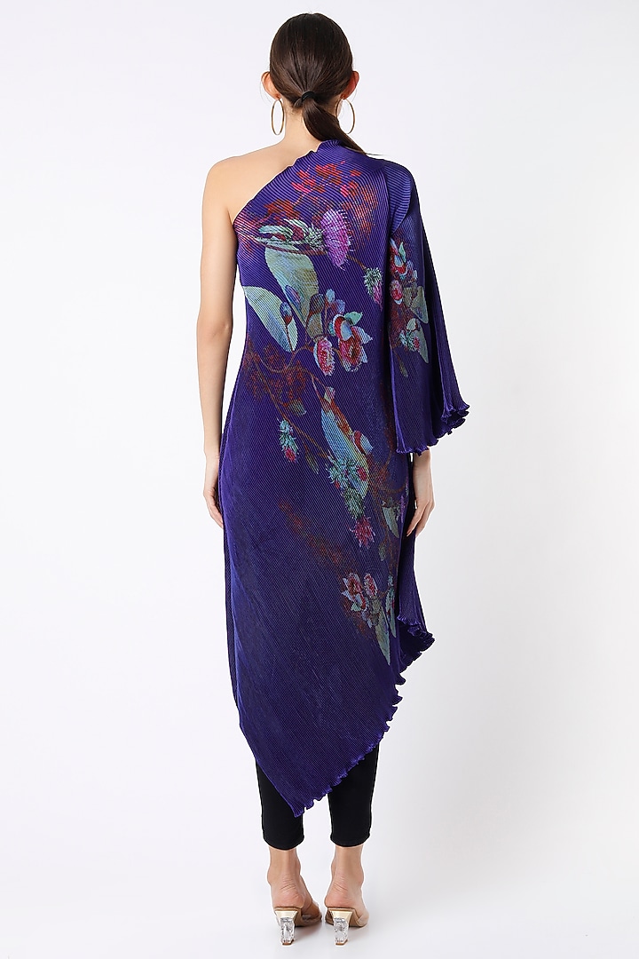 Indigo Pleated Polyester Digital Printed One-Shoulder Vacation Dress by Kiran Uttam Ghosh at Pernia's Pop Up Shop
