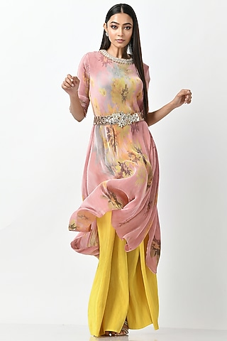 Peach Printed Kaftan by Kiran Uttam Ghosh