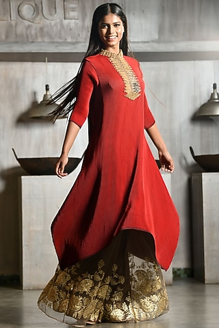 Khaki Pleated Polyester Embroidered Sharara Pants by Kiran Uttam Ghosh